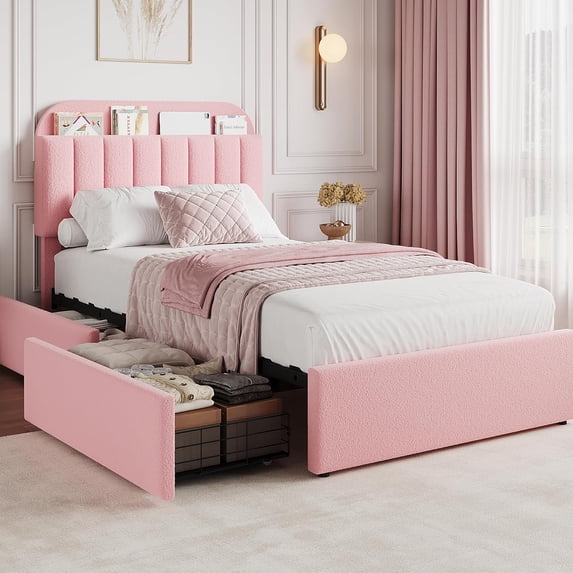 Towallmark Twin XL Bed Frame with Storage Headboard, Girls Bed Frame with 2 Drawers, Boucle Upholstered Platform Bed with Bookcase, No Box Spring Needed, Easy Assembly, Pink
