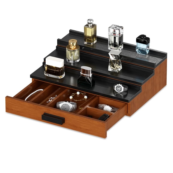 Towallmark Wooden Cologne Organizer for Men, 3 Tier of Elevated Cologne Display Shelf with Drawer Storage Perfume Organization and Storage Display Risers for Watch, Jewelry, Great Gift for Father