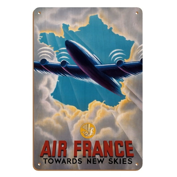 Towards New Skies - Plane soars through sun-lit gap in clouds shaped like a map of France - Vintage Travel Poster c.1947 - 8 x 12 inch Vintage Wood Art Sign