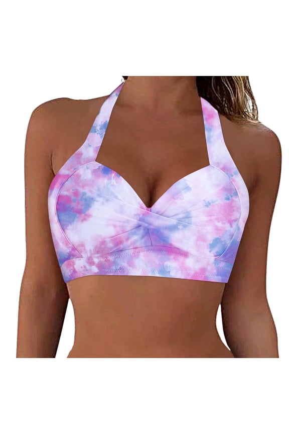 Women Halter Bikini Top Push Up Swimsuit Top Retro Swim Top, Large, Purple