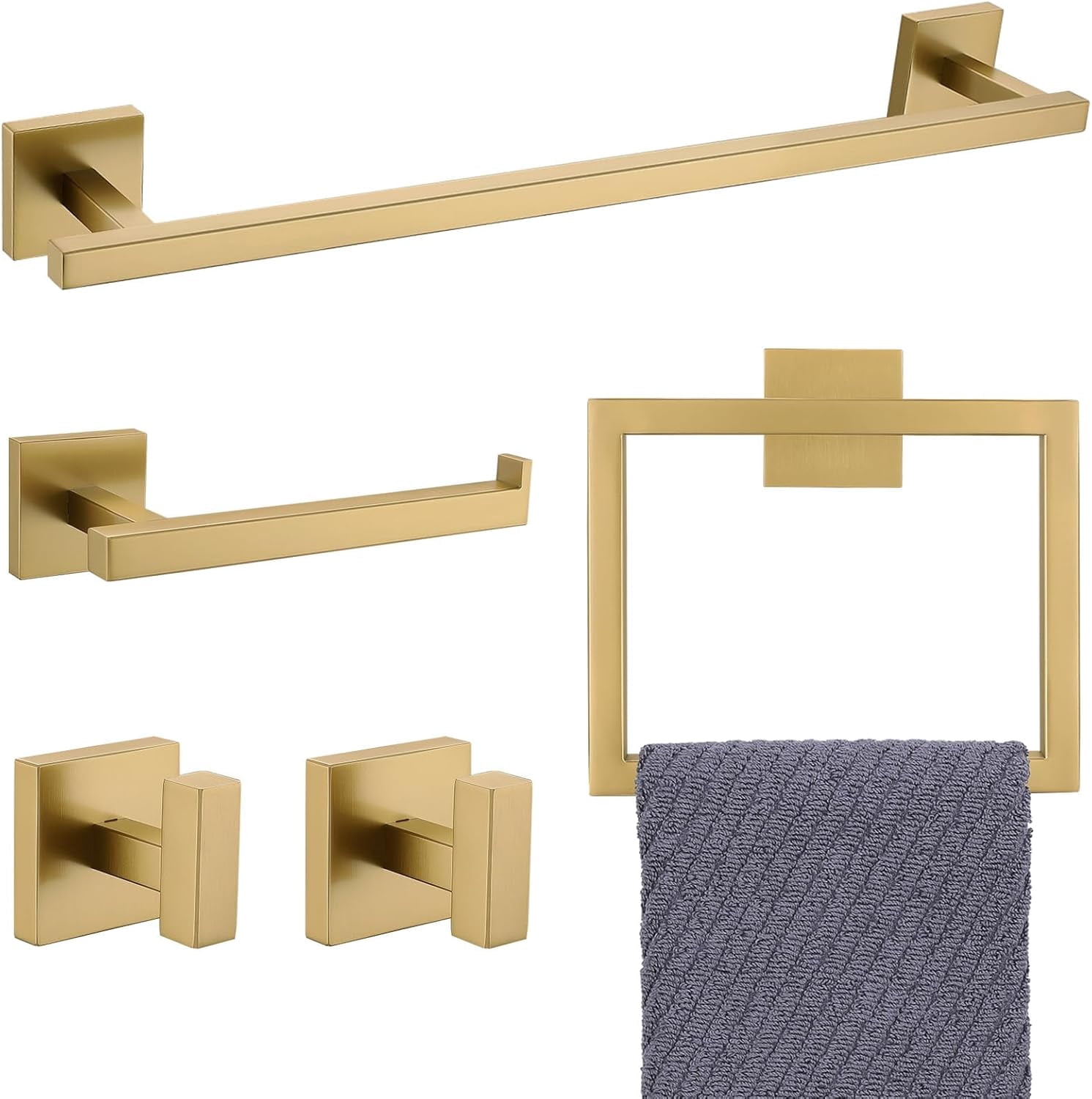 Towel Bar Set, 5-Piece Brushed Gold Bathroom Hardware Set, Gold Bathroom Accessories Set, SUS304 ...