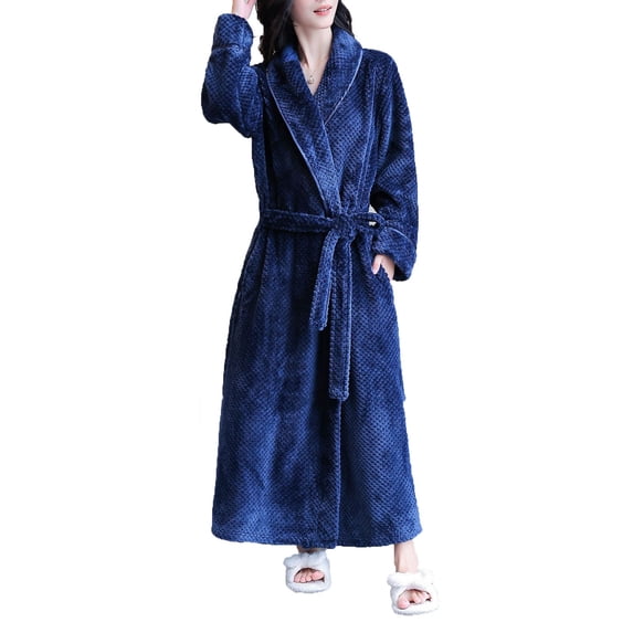 Towel Bathrobe Womens Long Winter Robe, Soft Warm Fleece Bathrobe Ladies Sleepwear Pajamas Housecoat Nightgown with Pockets Navy L