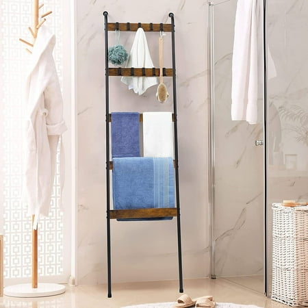 Towel Blanket Ladder Shelf Wall Leaning Towel Storage Rack Practical w/10 Hooks