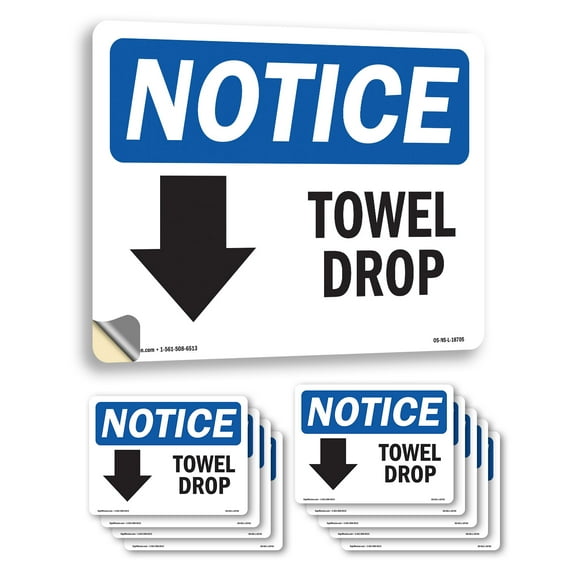 Towel Drop [Down Arrow] With Symbol OSHA Notice Vinyl Decal Label 14 Inch x 10 Inch - 10 Pack