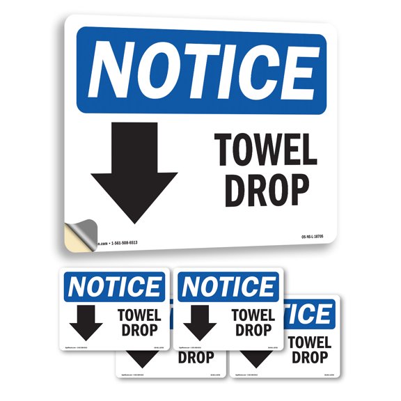 Towel Drop [Down Arrow] With Symbol OSHA Notice Vinyl Decal Label 5 Inch x 3.5 Inch - 5 Pack