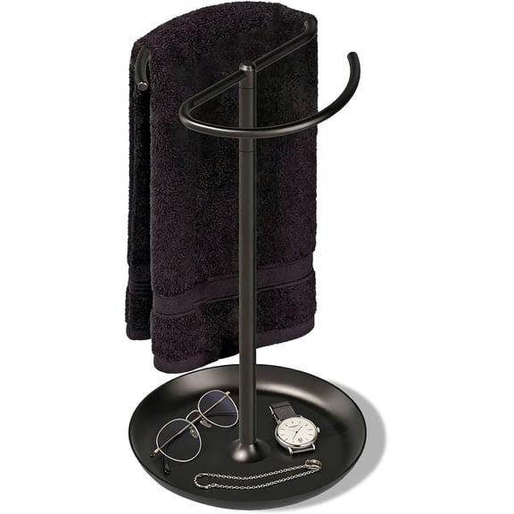 Towel Holder Stand Countertop with Storage Tray Non-Slip Weighted Base for Bathroom (Matte Black)