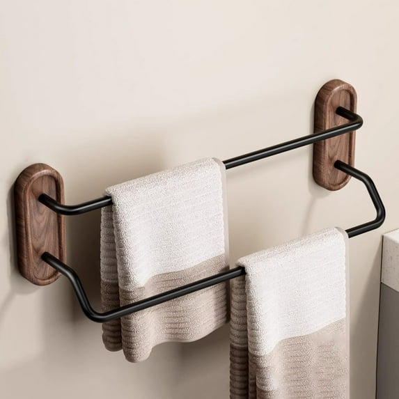 Towel Holders for Bathroom Wall, Walnut Bathroom Towel Rack Towel Bar, Non-Perforated Bathroom Storage Rack Towel Holders Double Towel Bar for Home Bathroom Kitchen