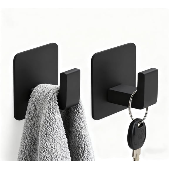 Towel Hooks Adhesive No Drill, 2 Pack Matte Black Metal Hooks, Right Angle Design for Bathroom, Kitchen, Cabinet, Door, Holds Robes, Hats, Coats, Organizer for Smooth Surfaces