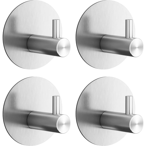 Towel Hooks for Bathroom (4 Pack) Adhesive Towel Hook Shower Hooks for Inside Shower - Sticky Bathroom Wall Hooks for Hanging Towels, Robe, Loofah, Bath Sponge - Brushed Nickel Towel Hooks