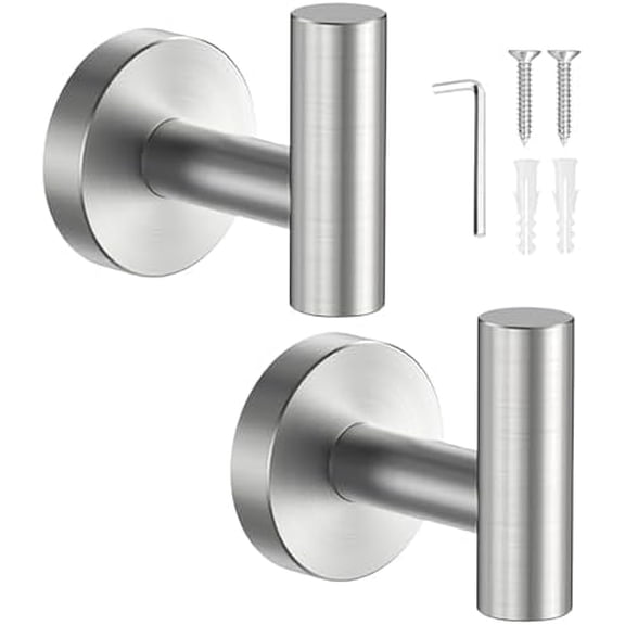 Towel Hooks for Bathrooms 2 Packs Screw-in Brushed Nickel Bathroom Towel Hook Wall Mounted Stainless Steel Shower Towel Hooks for Coat Hanging, Drilling Hole