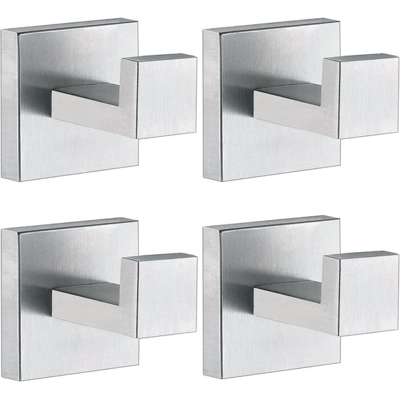 Towel Hooks for Bathrooms, Brushed Nickel Towel Hook for Kitchen Bathroom, SUS304 Stainless Steel Coat Hook, Square Heavy Duty Holder Robe Hooks for Hanging Towels, Coats, sponges, Wall Mount, 4 Pack