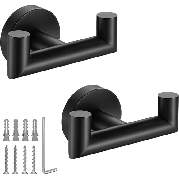Towel Hooks for Bathrooms,Matte Black Towel Hook for Kitchen Bathroom,SUS304 Stainless Steel Coat Hook,Heavy Duty Double Holder Robe Hooks for Hanging Towels，Sponges,Clothes,Wall Mount,2 Pack