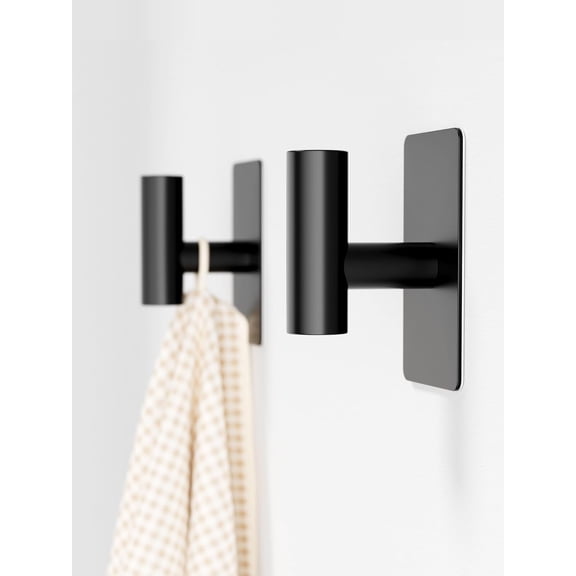 Towel Hooks for Bathrooms 2 Pack, Matte Black Finish, T-Shaped Stainless Steel Adhesive Wall Hooks for Robes & Towels in Kitchen, Shower, or Closet