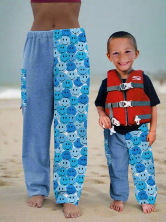 Towel Pants for Swimmers – Cotton Terry Towel Pants – Beach Coverup – Resort Wear – Swim wear - Blue Smiley Face Pattern