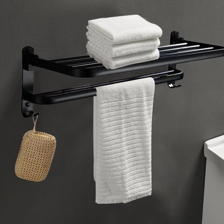 Towel Rack 2 Tier Folding Wall Mounted Bathroom Towel Holder Matte Black