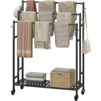 Towel Rack 3 Tier Free Standing Metal Towel Stand with Storage Shelf and Wheel for Extra Large Towel Blanket Drying (Black)