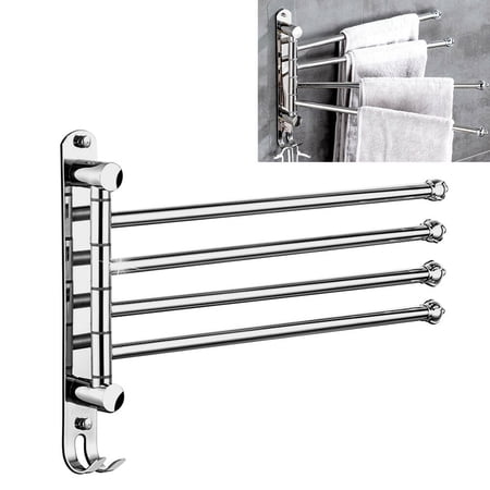 Towel Rack 4 Swivel Bar Bathroom Towel Holder Shelf Drying Rack Hanger Storage Swivel Towel Holder 4-Arm Swing Bar Wall Mount Towel Hanger Stainless Silver Bar Holder Hook Hanger Bar Shelf Storage