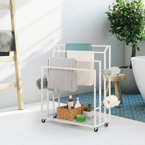 Towel Rack 4 Tier Free Standing with Storage Shelf and Wheels -White