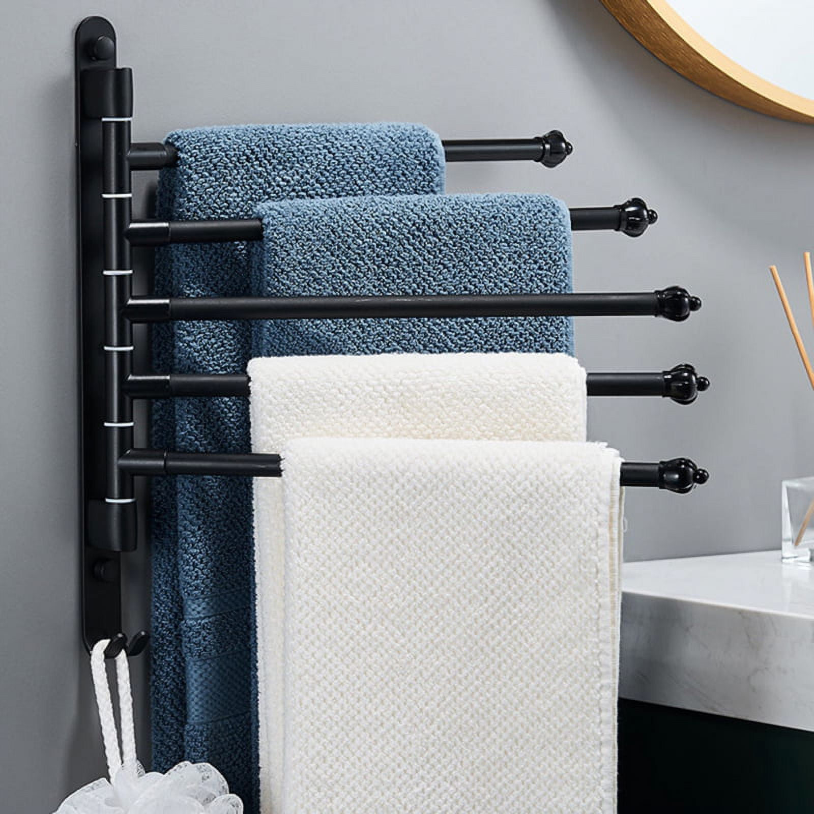 Towel Rack,Aluminum Black Swivel 180° Rotation Towel Bar with 4/5-Arm Towel  Hanger,Wall Mounted Bathroom Towel Holder,Towel Rail Holder Shelf Bath  Accessory 