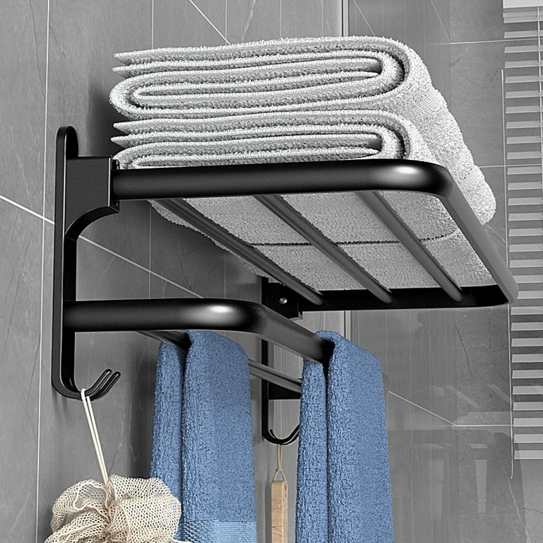 Wall Mount Black Aluminum Bathroom Shelf Shower Caddy Bath Rack with Bar  and Hook for Towel