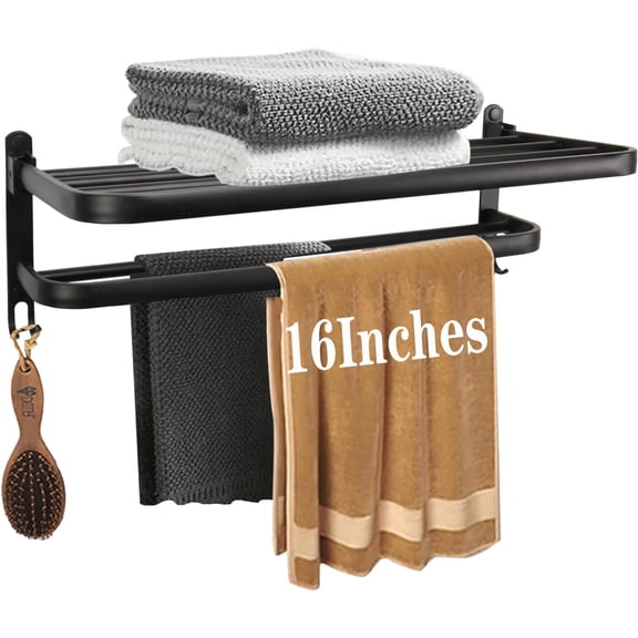 Towel Rack for Bathroom, Bath Towel Holder with Double Towel Bar and Foldable Towel Shelf, Rustproof Towel Organizer Wall Mounted Towel Storage Hanger for Bath/Balcony/Lavatory(16In Black)