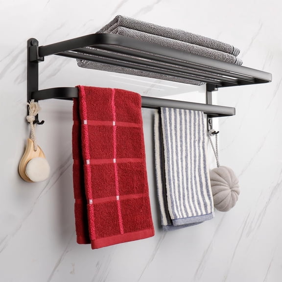Towel Rack for Bathroom, Foldable Towel Holder with Double Towel Bars, Wall Mounted Premium Aluminum Bathroom Tower Shelf, Space-Saving Towel Hanger for Bathroom, Lavatory (Black,24 in)
