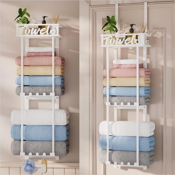 Towel Rack Bathroom Storage - 3 Tier Over The Door & Wall Mounted Rolled Towel Racks Holder Organizer Small Bathroom