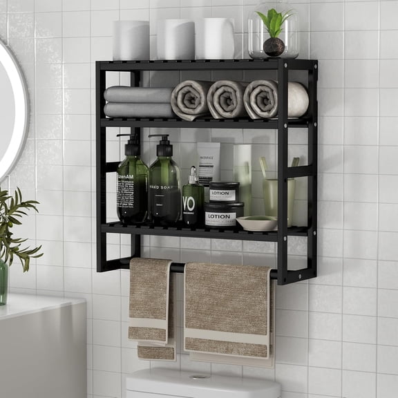 Towel Rack Bathroom Storage Shelves Over The Toilet with Towel Bar 100% Bamboo Adjustable Height Floating Shelf Wall Shower Shelf for Small Space Bathroom Kitchen Multi Usage (Black-1Pack)