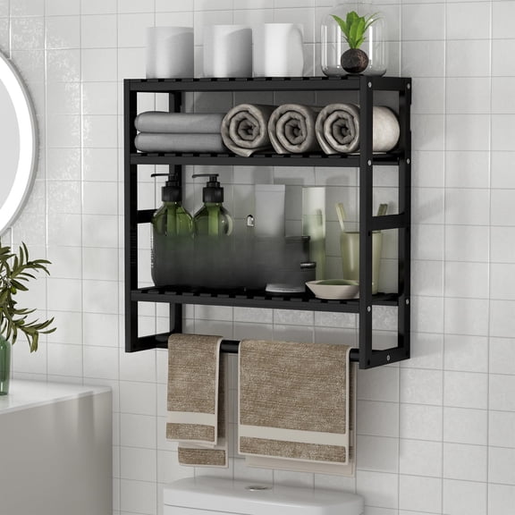 Towel Rack Bathroom Storage Shelves Over The Toilet with Towel Bar 100% Bamboo Adjustable Height Floating Shelf Wall Shower Shelf for Small Space Bathroom Kitchen Multi Usage (Black-1Pack)