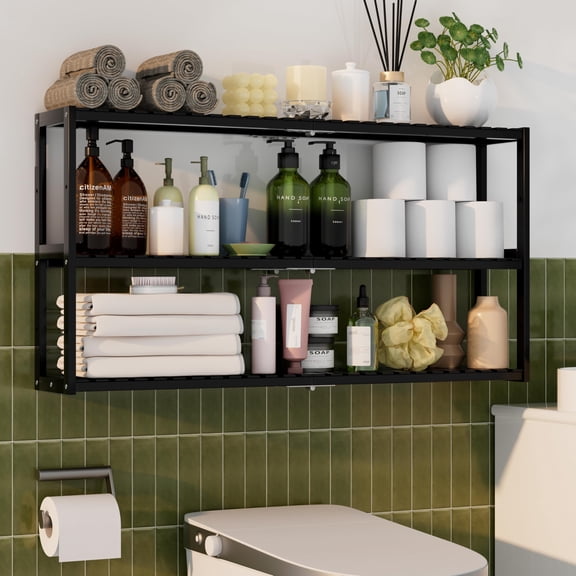 Towel Rack Bathroom Storage Shelves Over The Toilet with Towel Bar 100% Bamboo Adjustable Height Floating Shelf Wall Shower Shelf for Small Space Updated Painting
