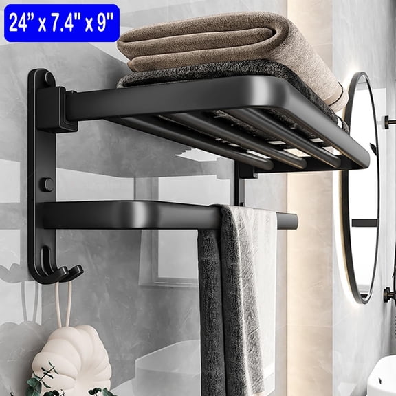 Towel Rack for Bathroom with Towel Bar, 24in Bathroom Towel Holder for Bathroom Wall Mounted, Dinosam Foldable Bathroom Towel Rack with 1 Shelf Black Towel Bar
