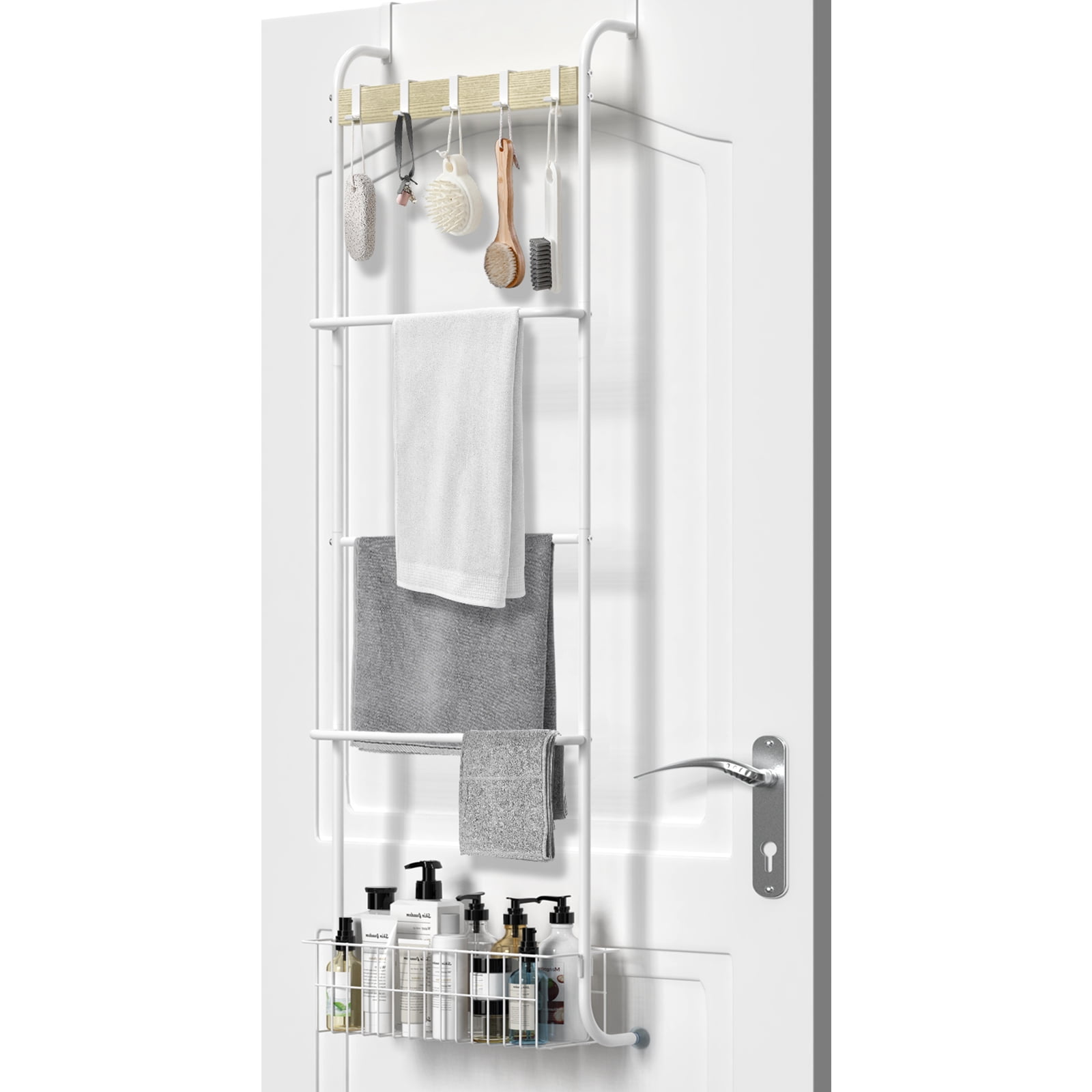 VIAV Over The Door Hooks With Mesh Basket – 10 Hooks, Coat Rack Organizer For Bedroom, Bathroom, Kitchen