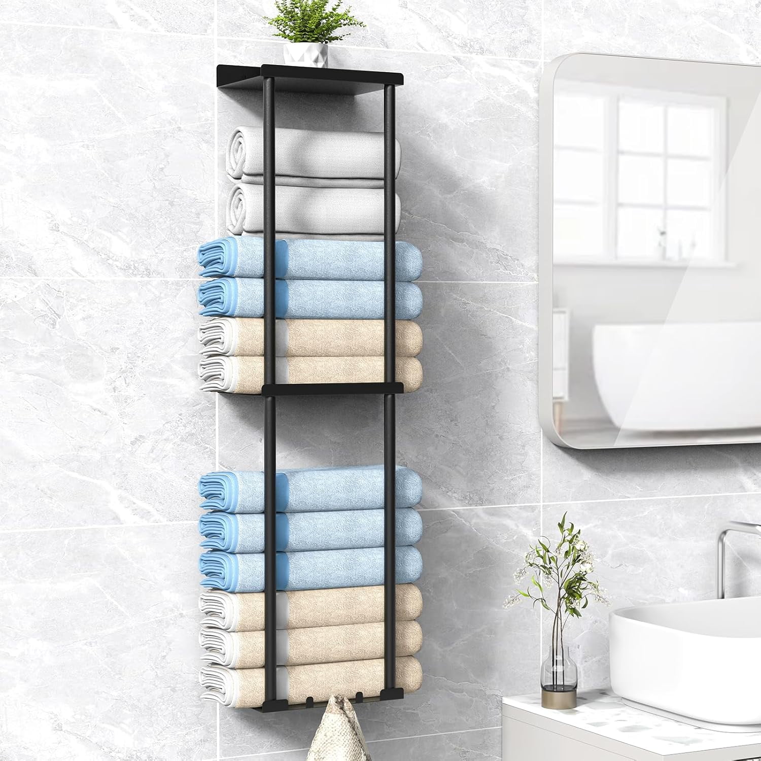Towel Rack For Bathroom Wall Mounted Bath Towel Holder Storage Organizer For Rolled Towels Vertical Towel Rack With Shelf Can Holds Up 6 Large Bath
