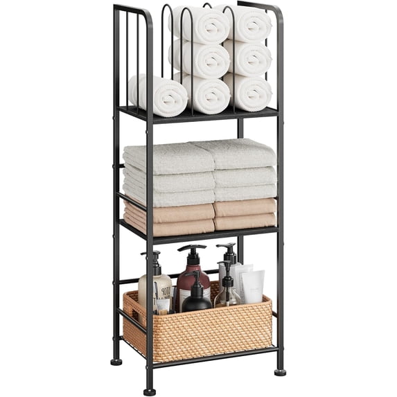 Towel Rack Free Standing 3-Tier M-Shaped Detachable Dividers, Durable Metal Holder, Pool Towel Rack, Space-Saving Towel Storage Organizer, Modern Bath Towel Shelf for Home, Poolside, Black