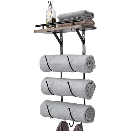 Towel Rack Holder for Bathroom Wall Mounted,Metal Towel Racks with Wooden Shelf and 3 Hooks,Storage Organizer for Bath Towel,Beach Towel,Hand Towel,Washcloth,Small Towel