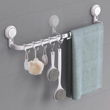 Towel Bar, Luxear 24 inch Adjustable Bathroom Towel Rack, Drill Free Removable Wall Mount Towel Holder with 5 Sliding Hooks, Suction Cup Towel Bar for Bathroom Kitchen Door - White