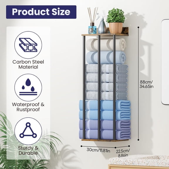 Towel Rack with Shelf – Modern Towel Holder for Bathroom Wall Mounted, Holds 6 Large Bath Towels, Rolled Towel Organizer for Bathroom, Laundry Room, and Small Space Storage, Vintage Color