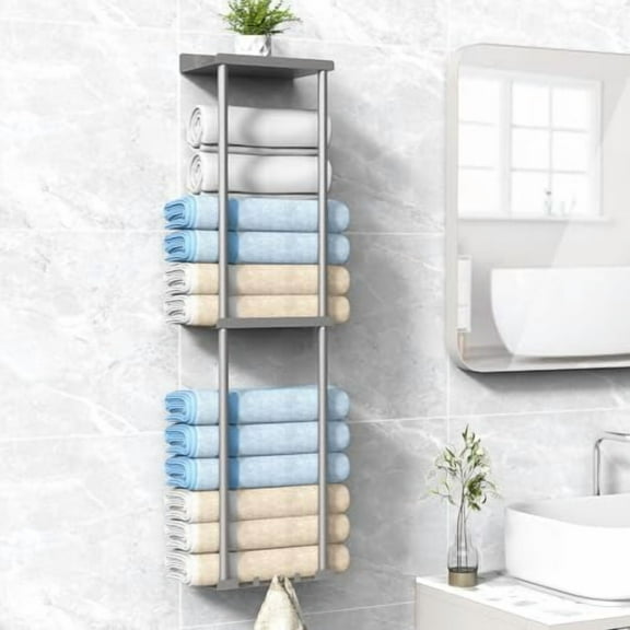 Towel Rack Storage for Bathroom, Wall Mounted Vertical Rolled Towel Organizer Holder with Shelf, Holds Up 6 Large Bath Sheets, Silver Grey