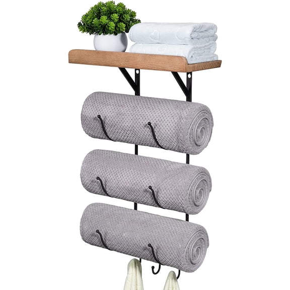 Towel Rack Wall Mounted for Bathroom, Metal Bath Towel Holder Storage Hand Towels w/Wood Shelf and 3 Hooks for Small Bathroom Organizer Decor or RV Camper, Black