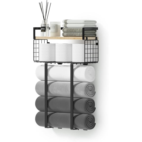 Towel Rack Wall Mounted, Metal Towel Holder with Wooden Shelf for Folding Large Towels, Towel Storage for Small Bathroom Organizer Decor or RV Camping, Silver