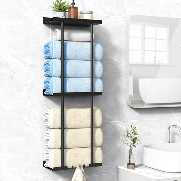 Towel Rack for Bathroom, Wall Mounted Vertical Rolled Storage Organizer Holder with Shelf, Holds Up 6 Large Bath Sheets, Size