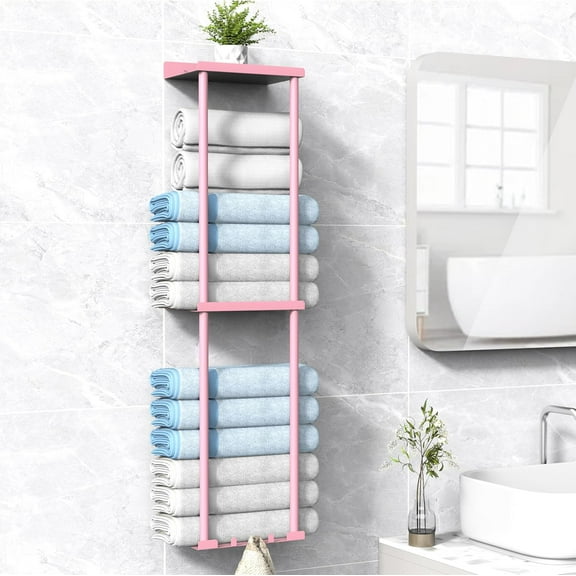 Towel Rack for Bathroom, Wall Mounted Vertical Rolled Towel Storage Organizer Holder with Shelf, Holds Up 6 Large Bath Sheets, Pink