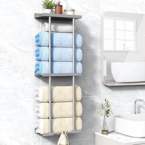 Towel Rack for Bathroom, Wall Mounted Vertical Rolled Towel Storage Organizer Holder with Shelf, Holds Up 6 Large Bath Sheets, Silver Grey Large