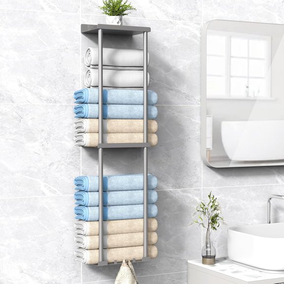 Towel Rack for Bathroom, Wall Mounted Vertical Rolled Towel Storage Organizer Holder with Shelf, Holds Up 6 Large Bath Sheets, White