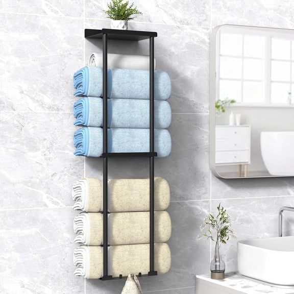 Towel Rack for Bathroom, Wall Mounted Vertical Rolled Towel Storage Organizer Holder with Shelf, Holds Up 6 Large Bath Sheets, White