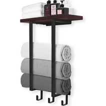Towel Rack with Wooden Shelf and 3 Hooks Black Towel Holder for Bathroom Organizer Rolled Towels