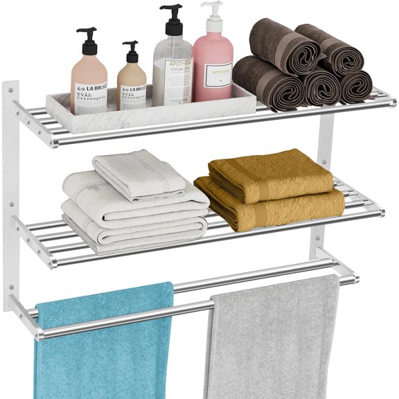 Towel Racks for Bathroom 24 Inch, 3 Tier Towel Shelf with Double Towel Bar, Wall Mounted Towel Rack SUS 304 Stainless Steel, Towel Storage for Bathroom Lavatory, Black
