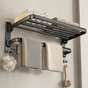 Sofinny 24-Inch Towel Racks for Bathroom & Lavatory Wall Mounted, Foldable Towel Storage Shelf with 1 Towel Bar with 7 Multifunctional Hooks (Black)