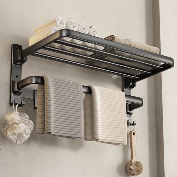 Sofinny 24-Inch Towel Racks for Bathroom & Lavatory Wall Mounted, Foldable Towel Storage Shelf with 1 Towel Bar with 7 Multifunctional Hooks (Black)