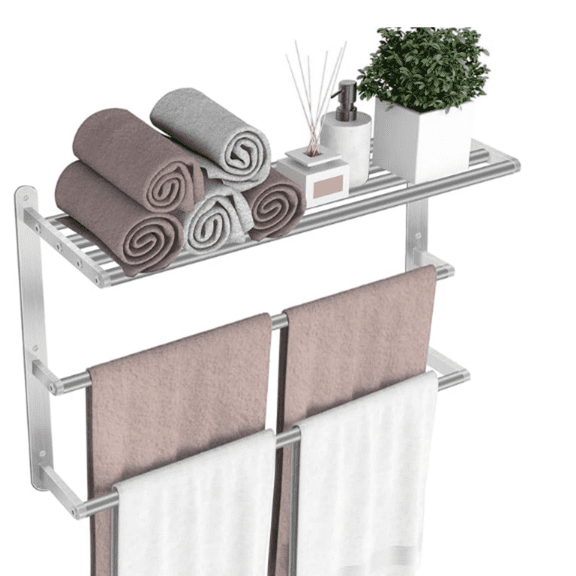 Towel Racks for Bathroom, 24 in Towel Shelf with Double Towel Bar, Stainless Steel Towel Storage for Lavatory Wall Mounted, 3-Tier Towel Hanger Towel Holder, Brushed Nickel